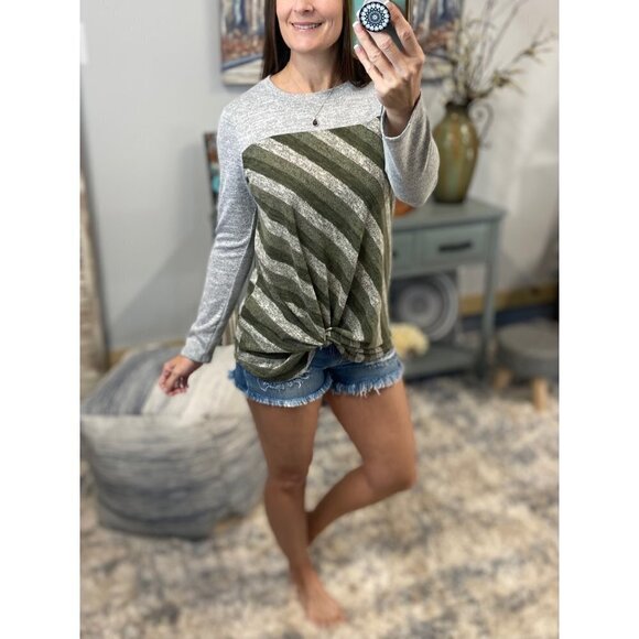 Striped Color Block Contrast Knot Top Green 0519 - Picture 3 of 5